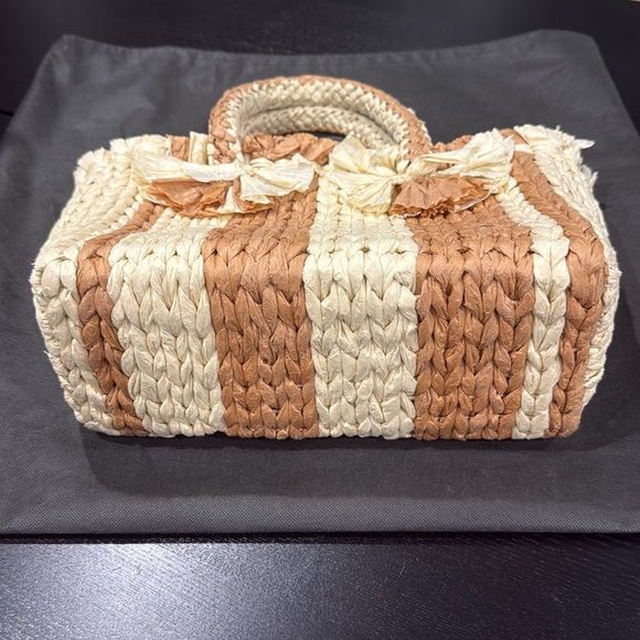 Vince Camuto Woven Tan and Cream Striped Raffia Tote Bag Purse w Crossbody Strap - Picture 3 of 8